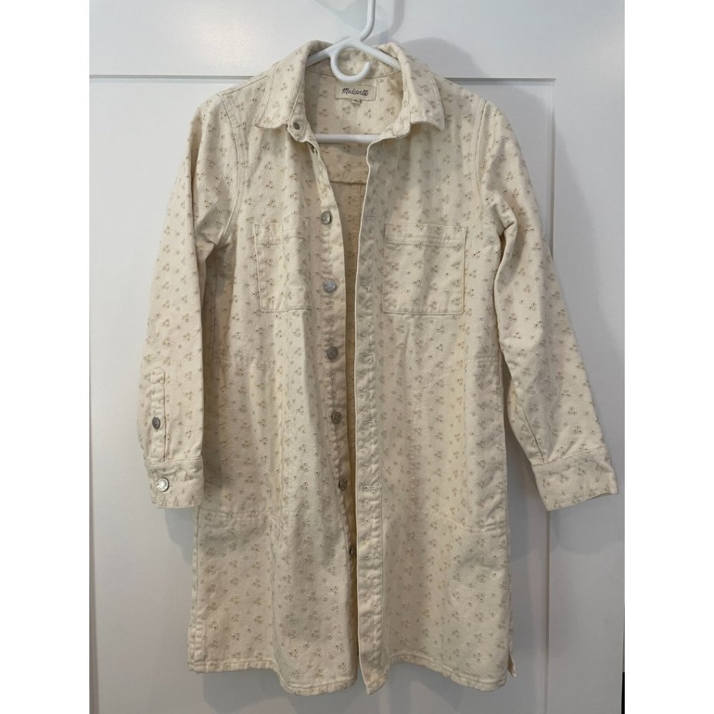 RARE Madewell Long Ivory Denim Chore Coat with Eyelet Embroidery